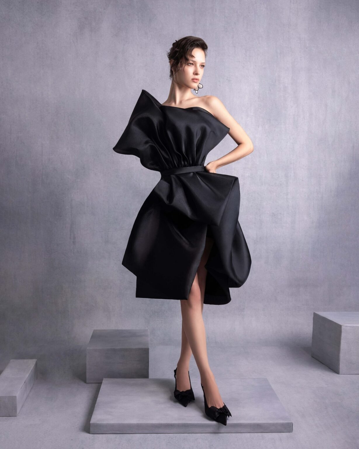 Cinched Waist Black Organza Cocktail Dress