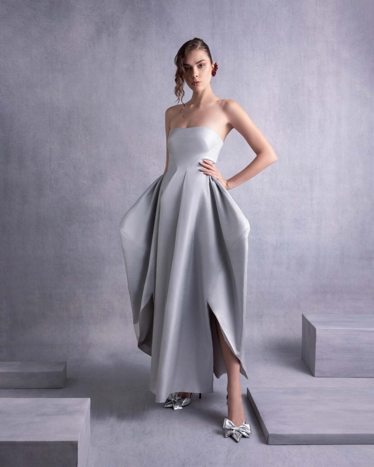 Elegant Silver Mikado Piqué Strapless Dress