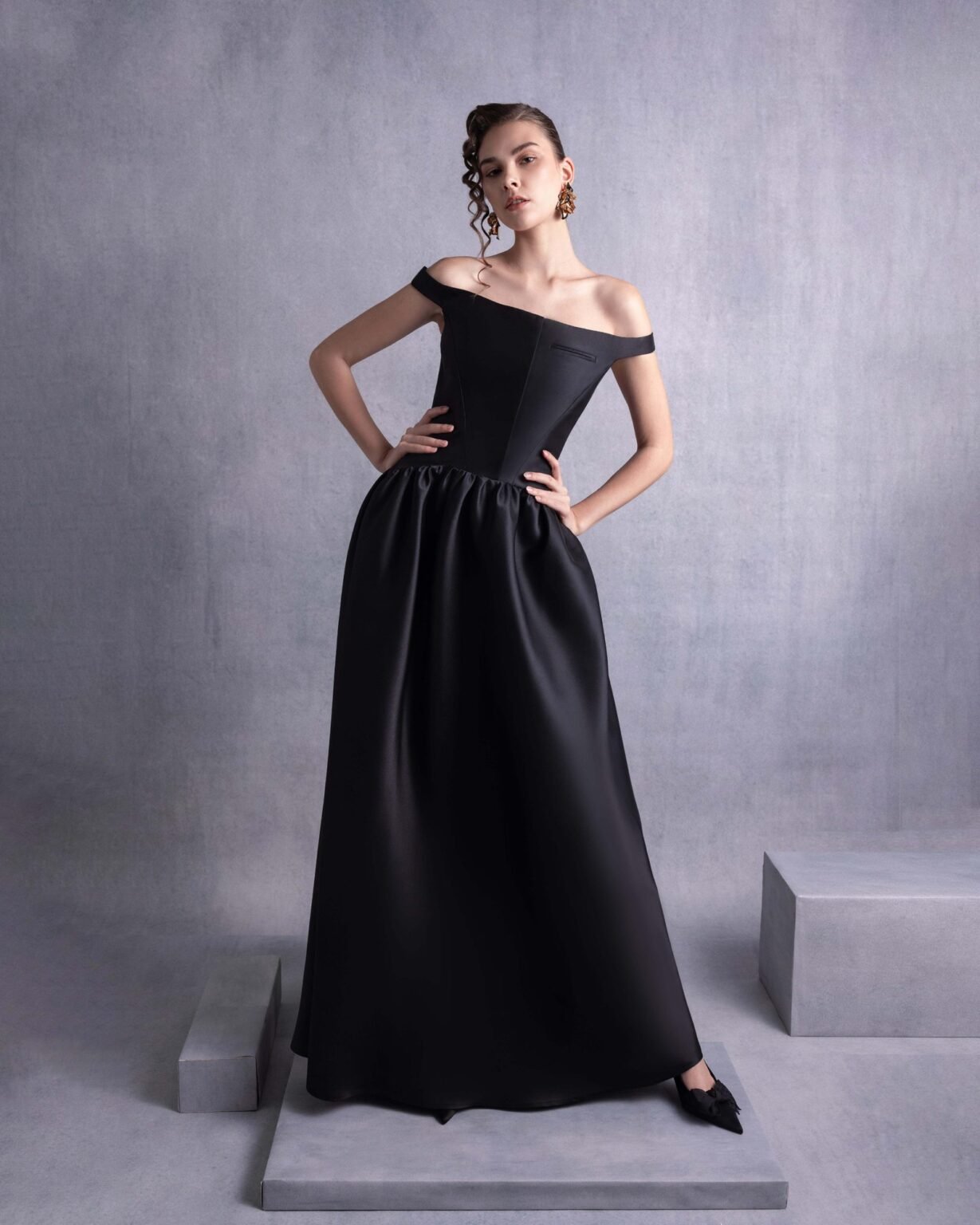 Elegant Thin Off-Shoulder Black Mikado Piqué Dress