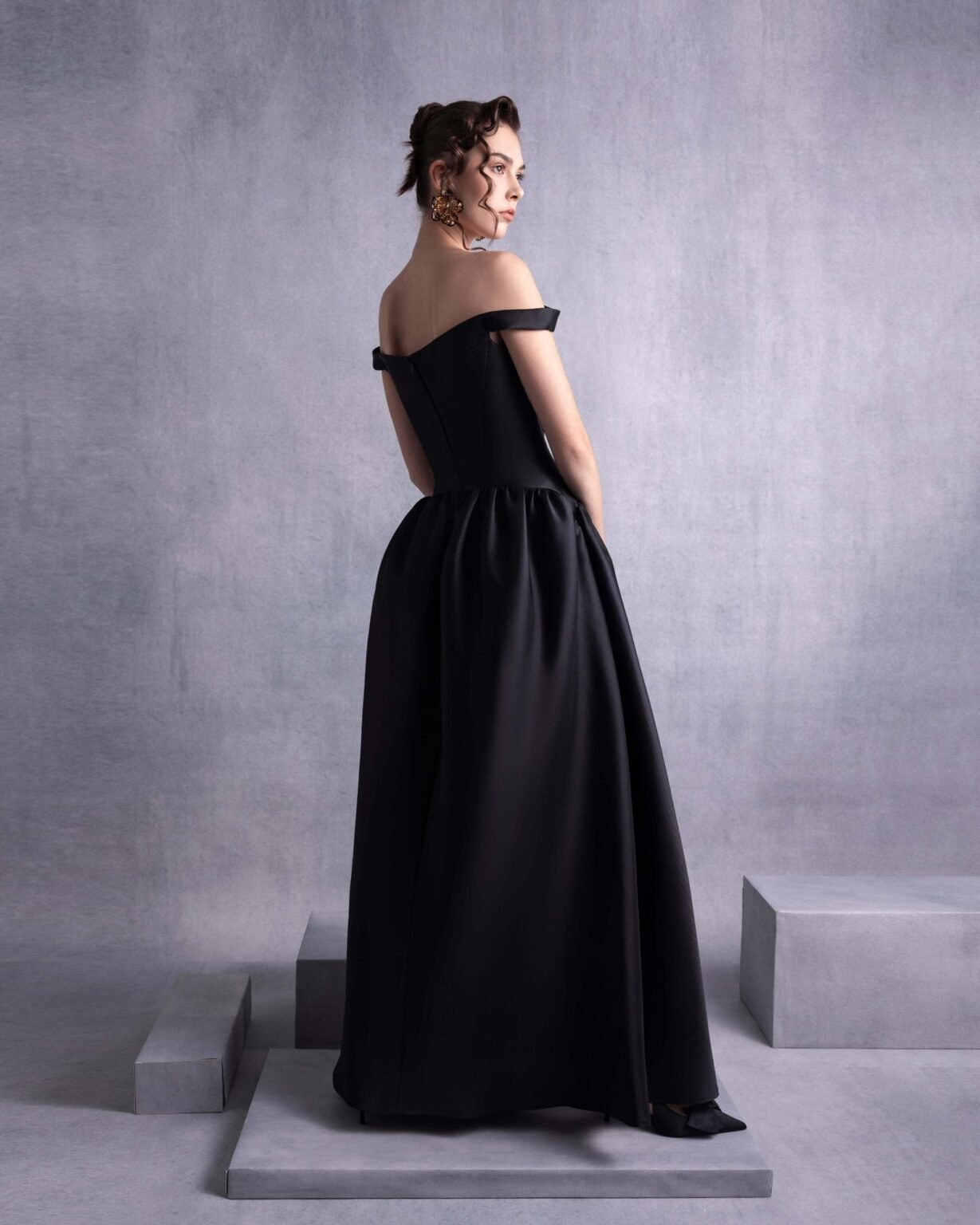 Elegant Thin Off-Shoulder Black Mikado Piqué Dress