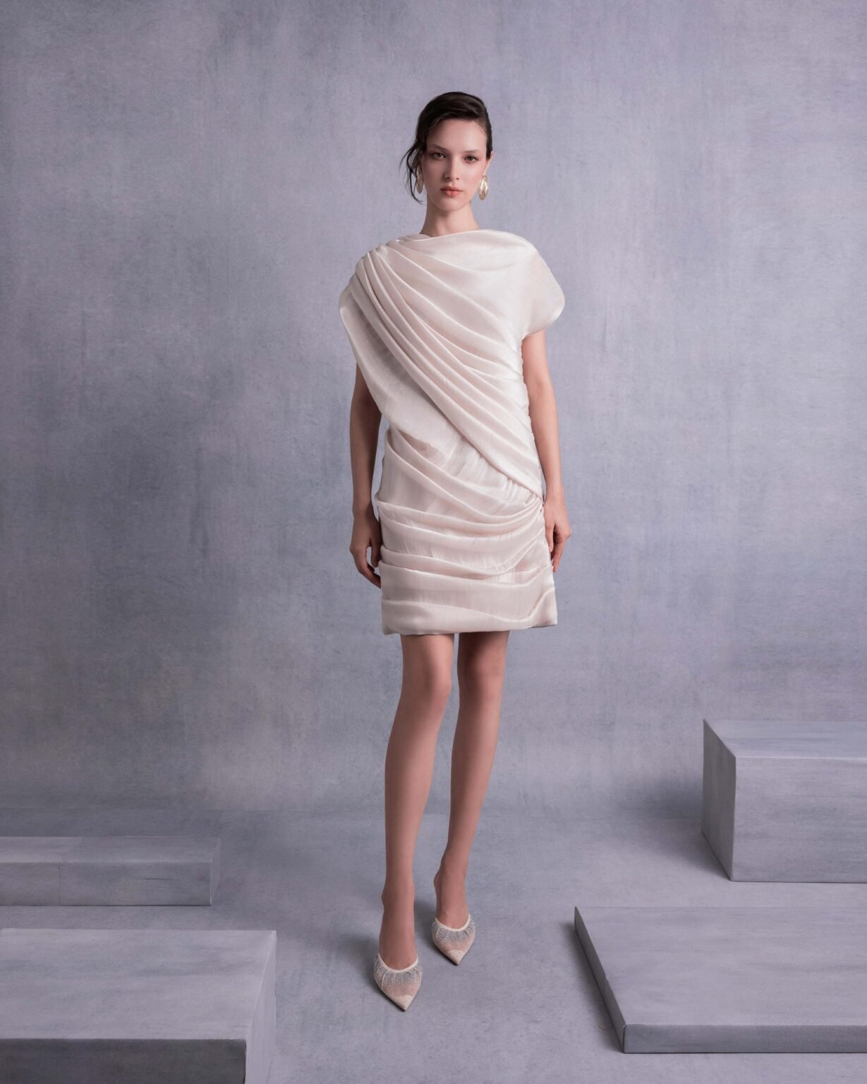 Draped Open Back Lamé Georgette Dress