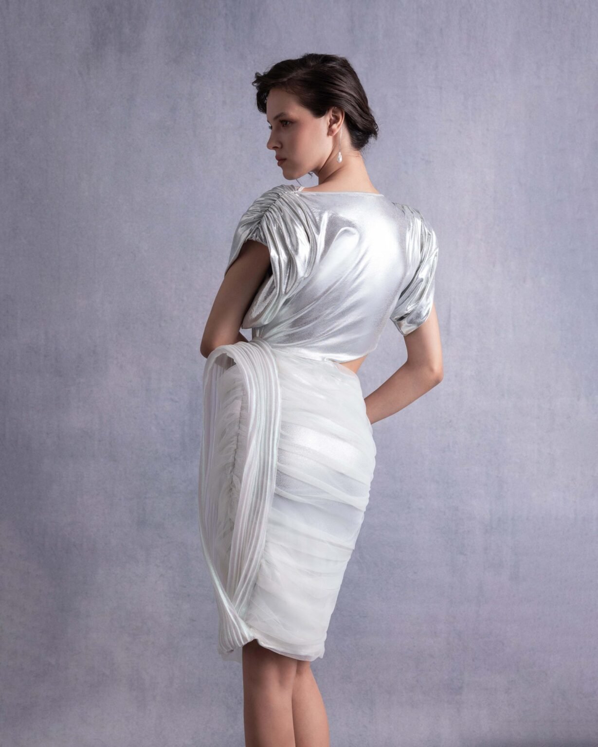 Cutout Side Knot Silver Lamé Lycra Dress