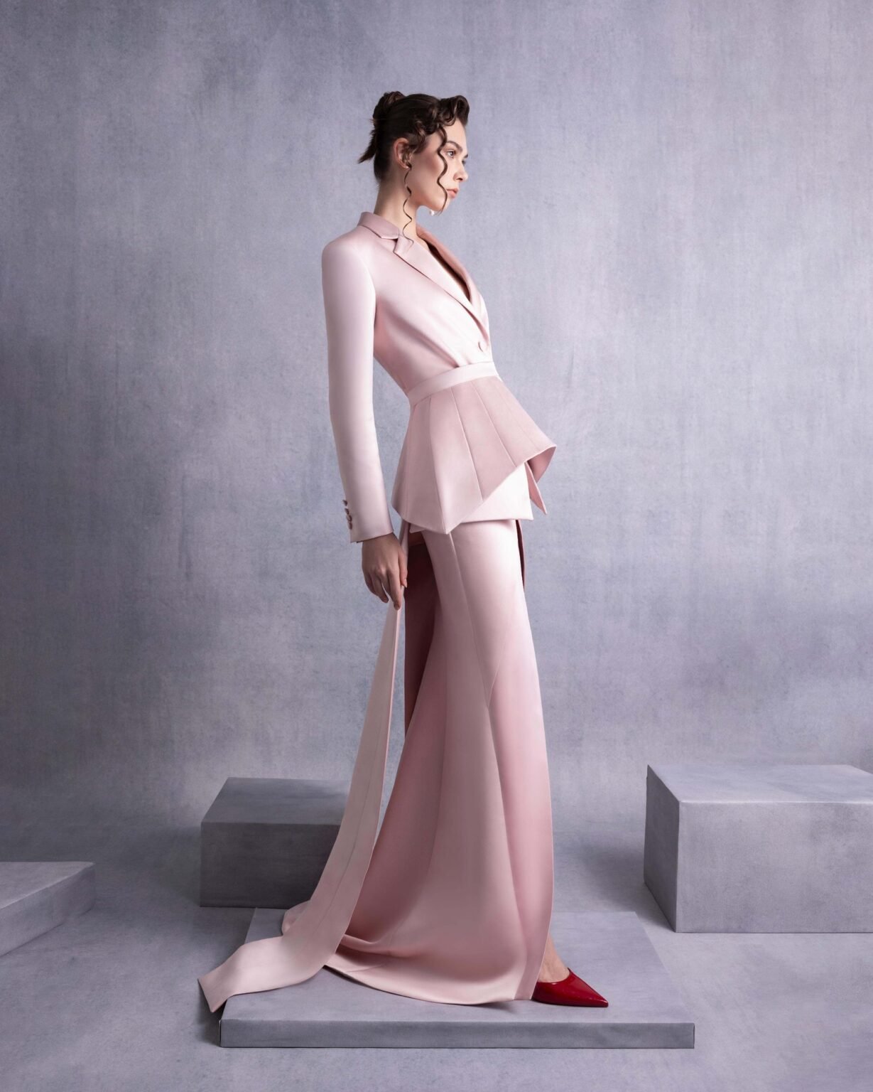 Pink Razmir Jacket with Train and Structured Peplum Belt
