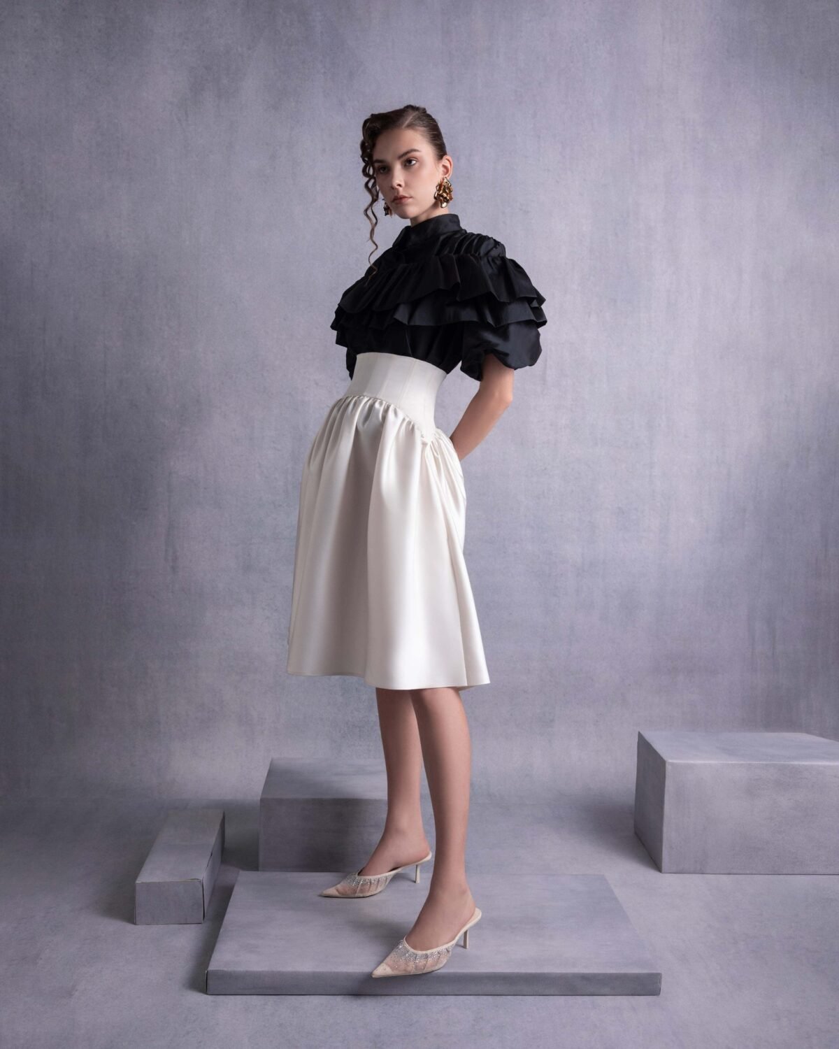 Cascading Ruffles Black Taffeta Top