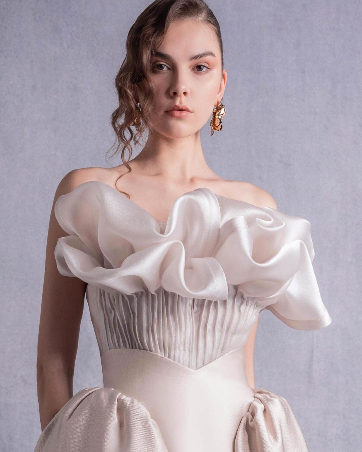 Pleated Organza Corset Top with Voluminous Neckline Manipulation