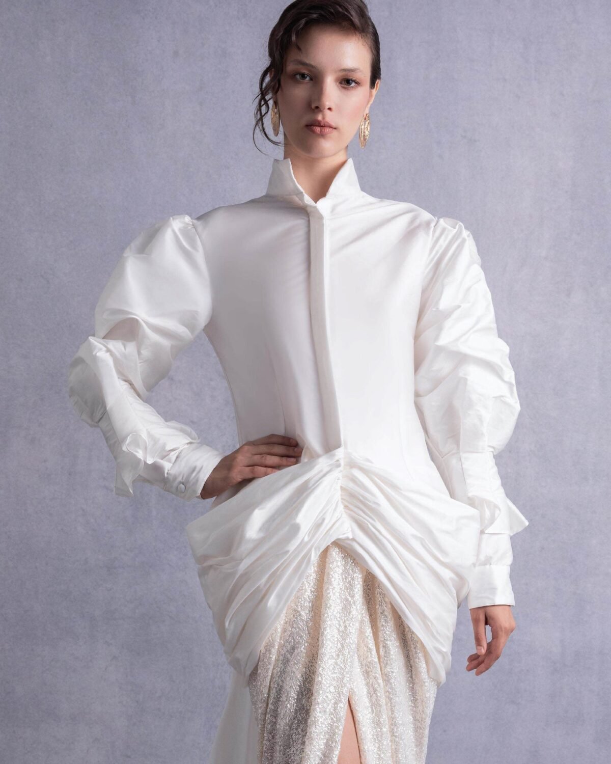 Open-Back Sweeping Train Taffeta Blouse