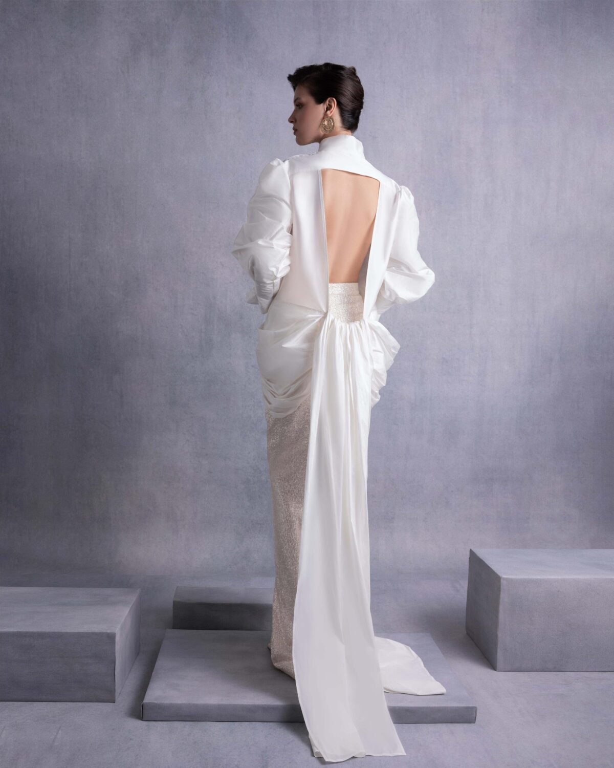 Open-Back Sweeping Train Taffeta Blouse