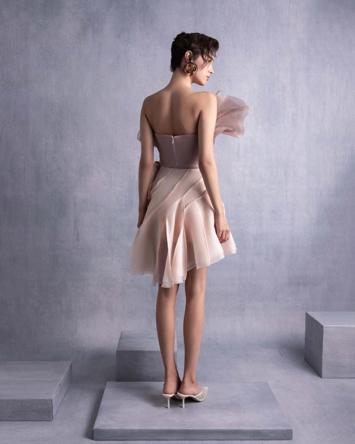 Asymmetrical Layered Nude Coffee Organza Top