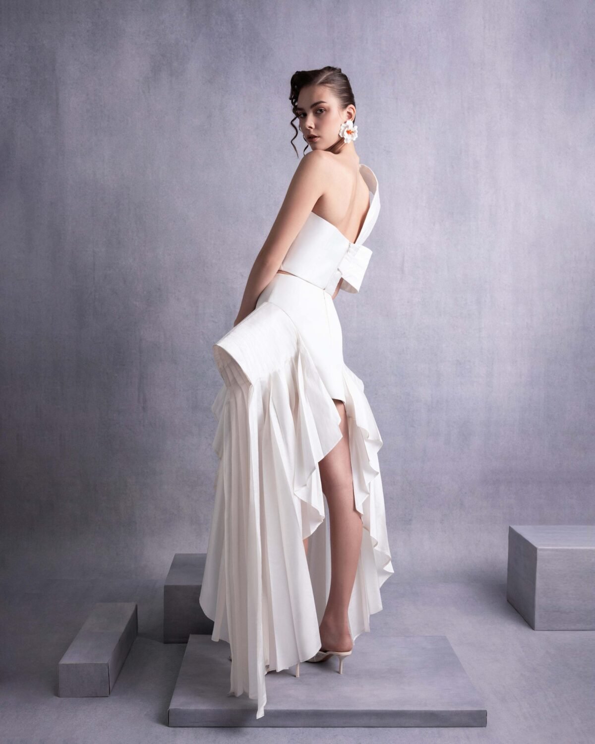 Sculptural Pleated Off-Shoulder Asymmetric Taffeta Top with