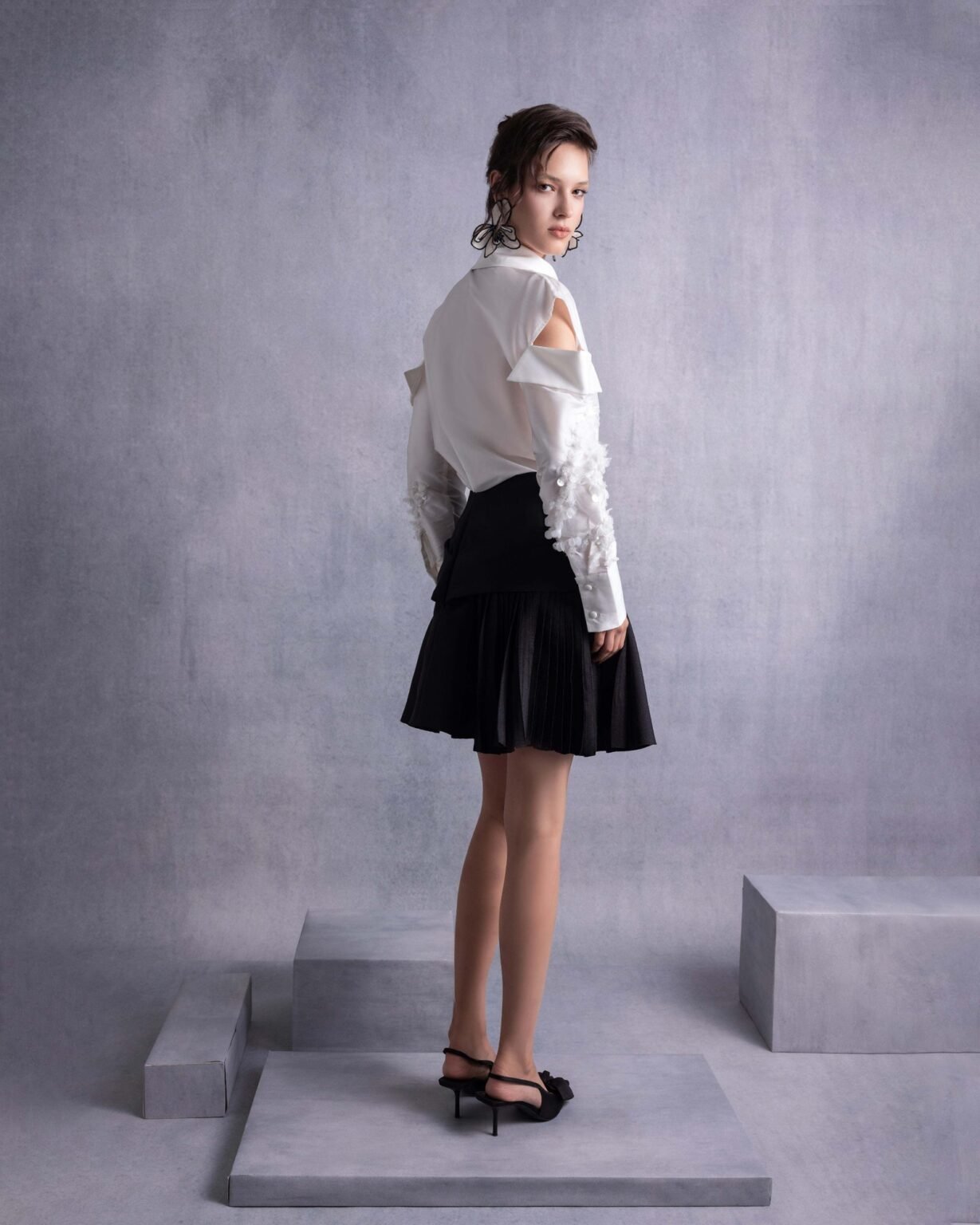 Pearly Embroidered Sleeves Off-White Taffeta Blouse