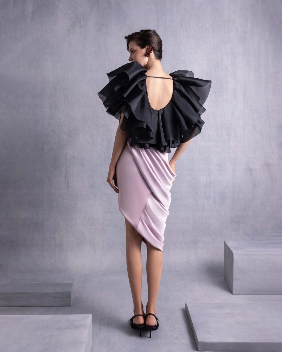 Exaggerated Shoulders Black Layered Organza Ruffle Top