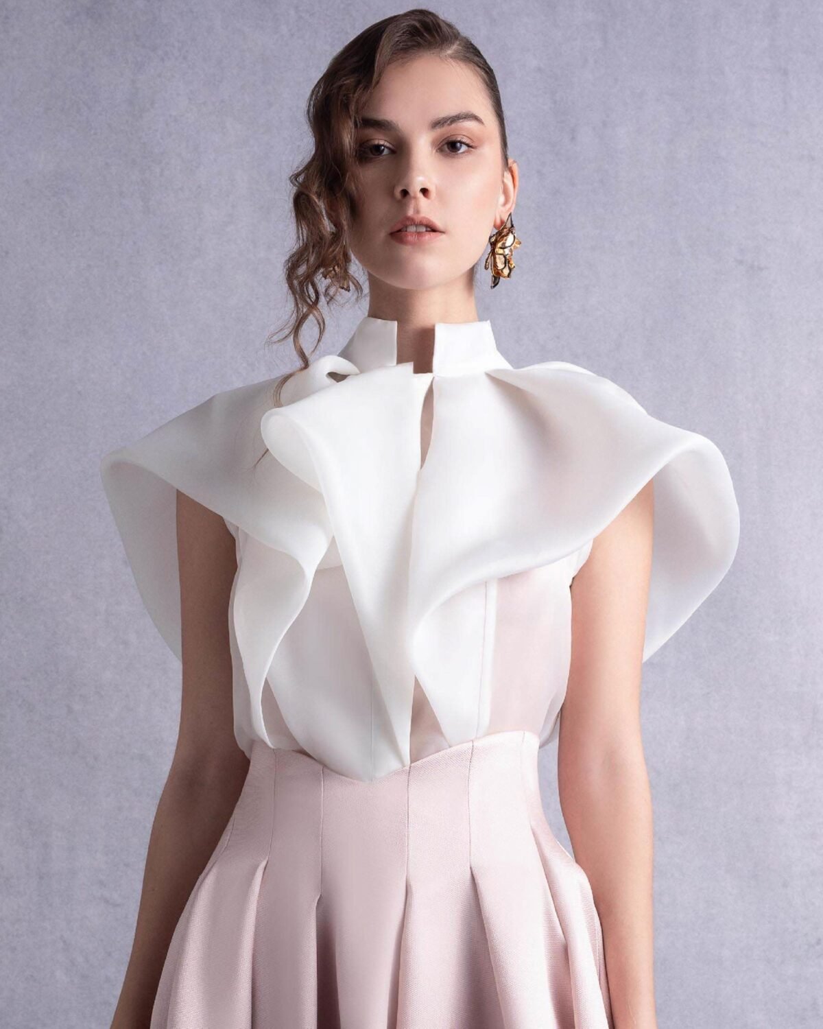 High Neck Cascading Off-White Organza Blouse