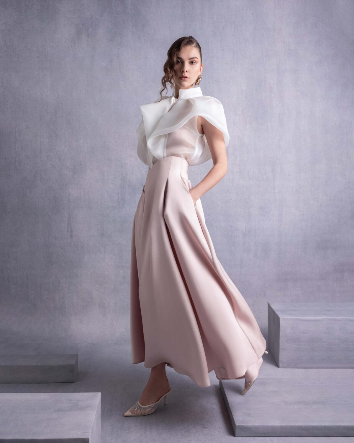 High Neck Cascading Off-White Organza Blouse
