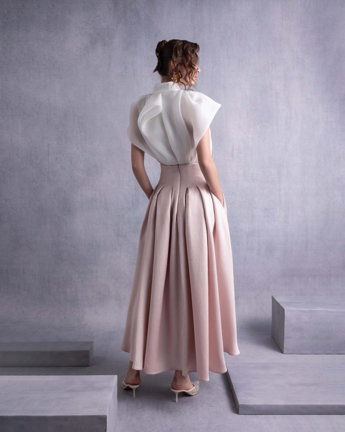 High Neck Cascading Off-White Organza Blouse