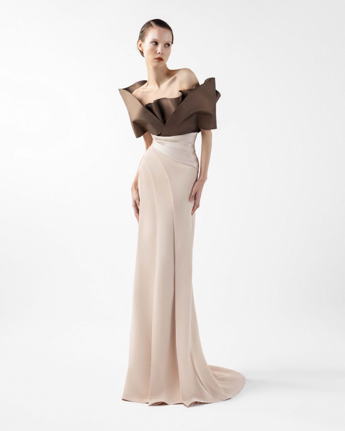 Two-Tone Draped Gown with Sculptural Bodice in Chocolate and Nude