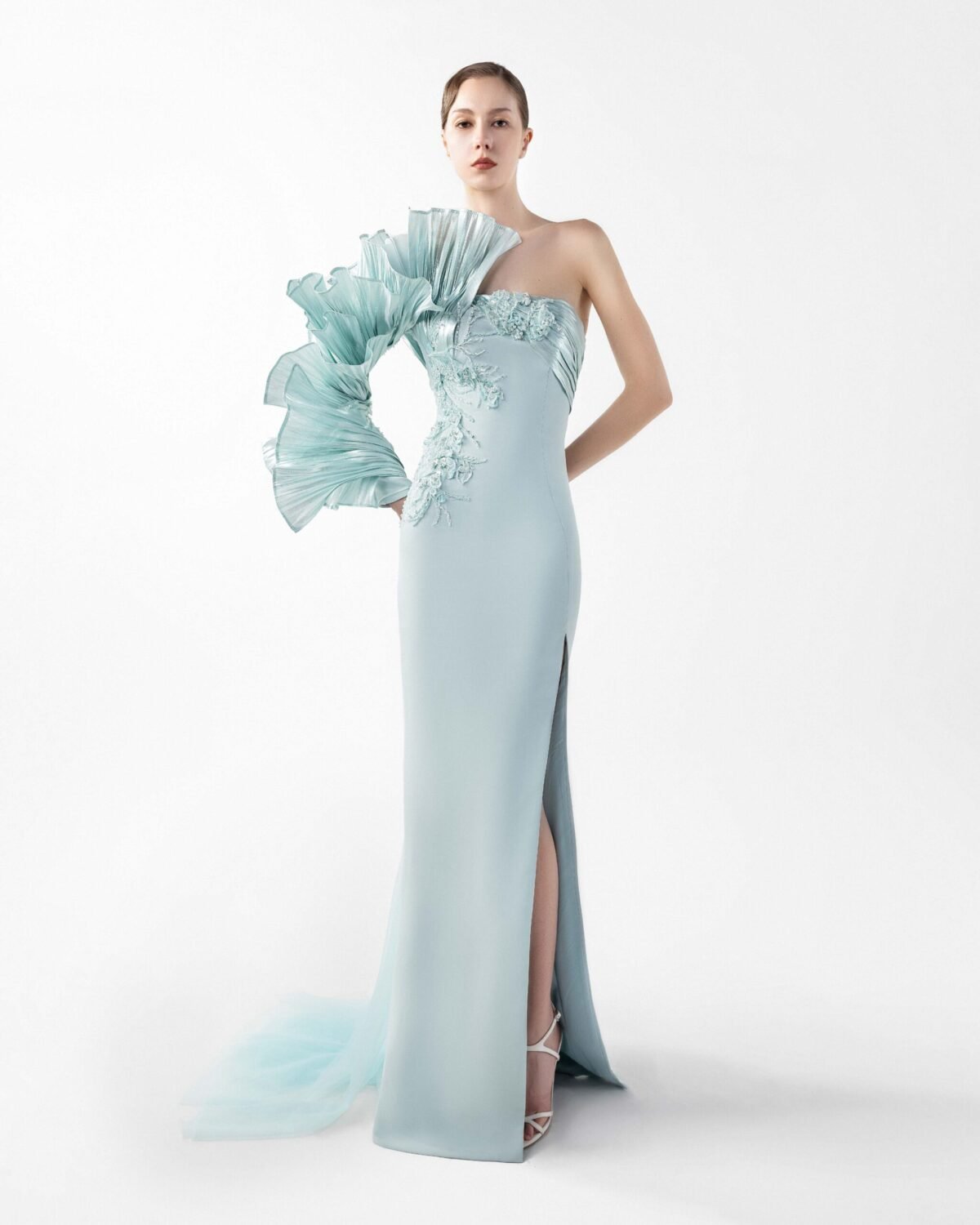 Ethereal Mint Metallic One-Shoulder, Embellished Evening Dress