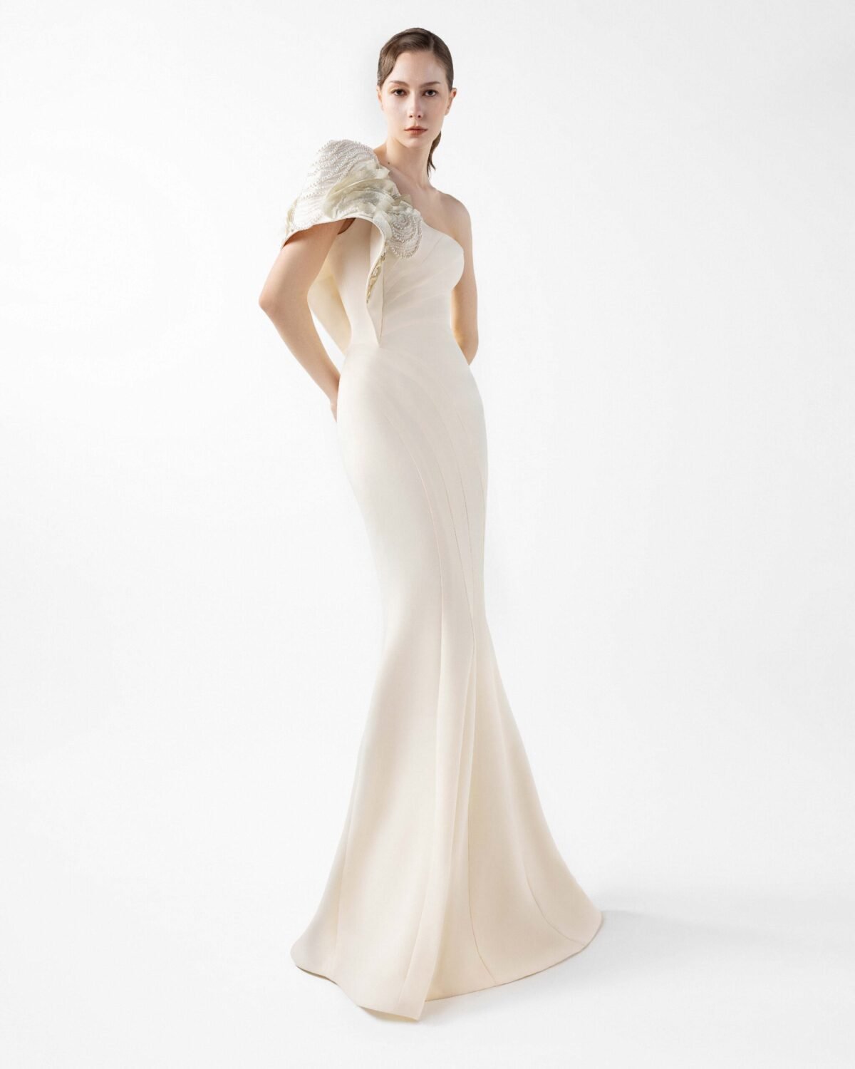 Moonlit Pearl, One-Shoulder Cream Mermaid Gown