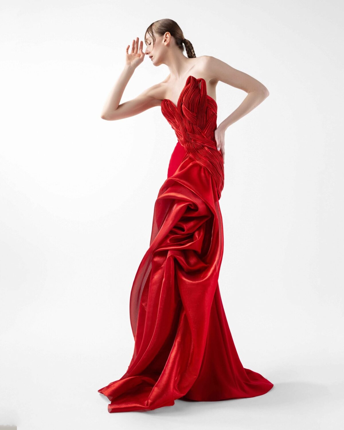 Scarlet Opulence Gown with Architectural Draping
