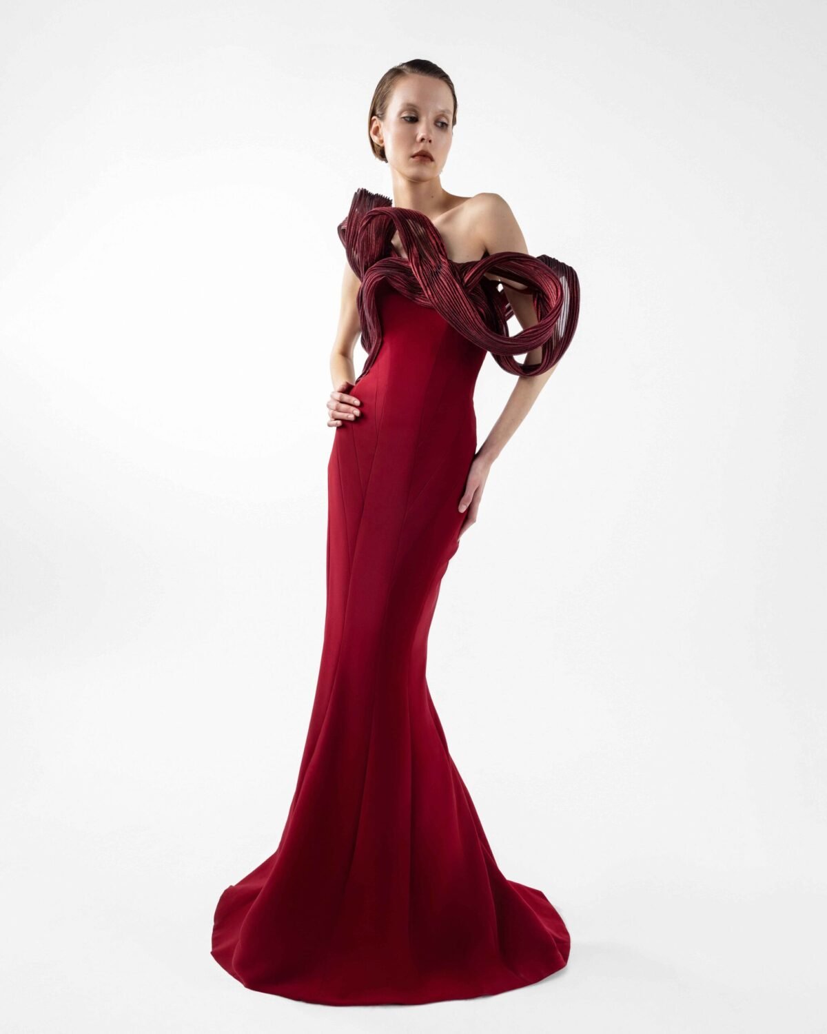 Sculptural Ribbed Lamé Organza Burgundy Mermaid Dress