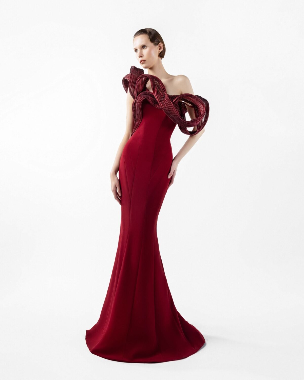 Sculptural Ribbed Lamé Organza Burgundy Mermaid Dress