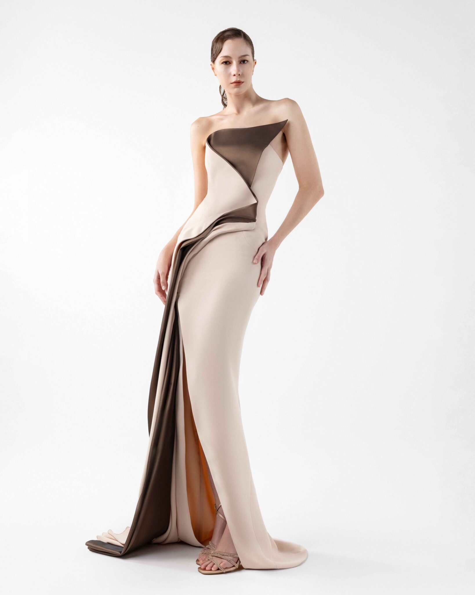 Molten Nude and Bronze Folded Gown