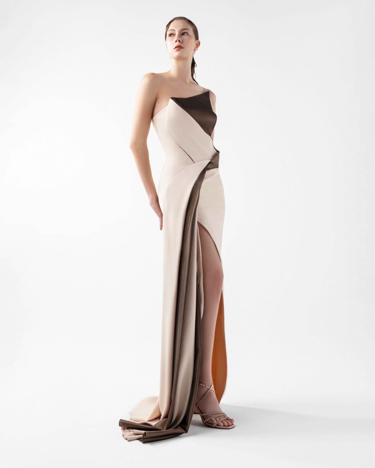 Molten Nude and Bronze Folded Gown