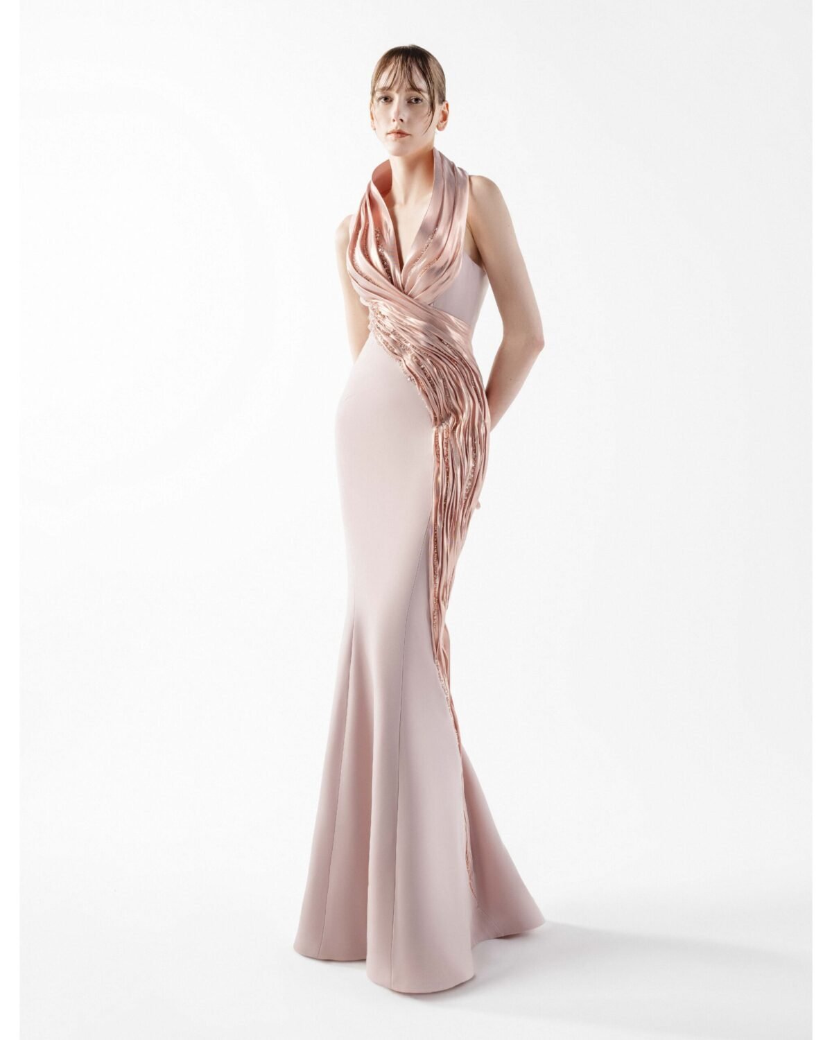 Lace Embellished Halter-Neck Rosé Gown