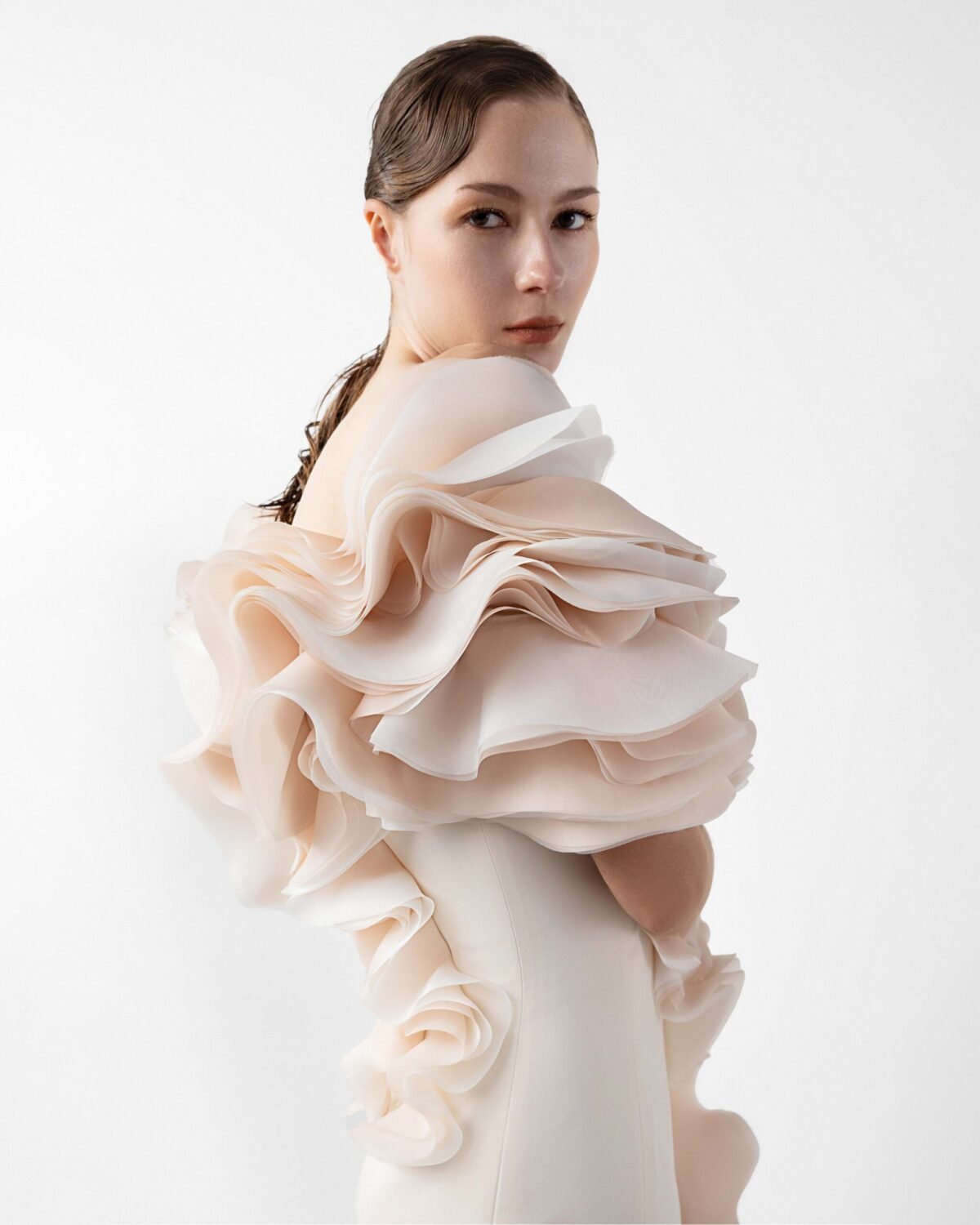 Romantic Cream Gown with Blooming Peach Ruffles