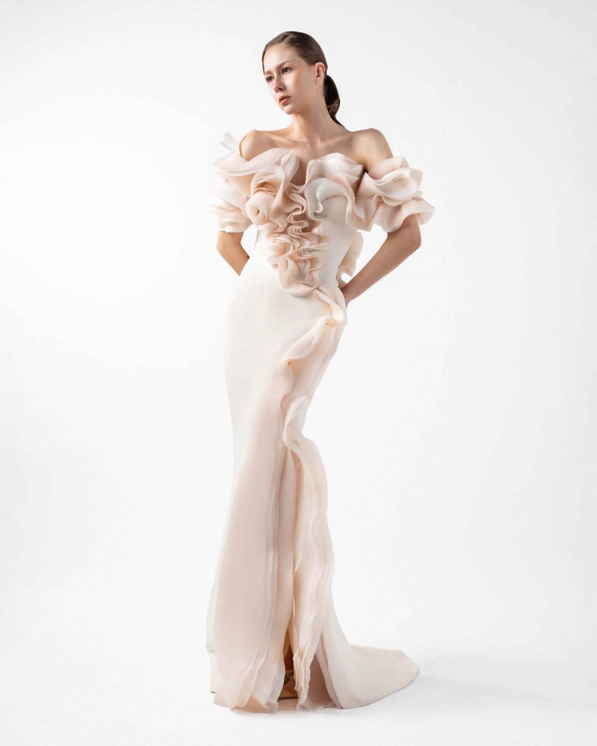 Romantic Cream Gown with Blooming Peach Ruffles