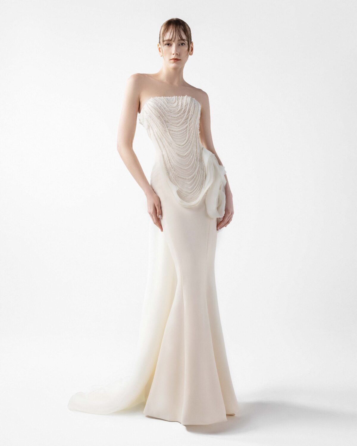 Iridescent Pearl Mermaid Gown with Petal Accents