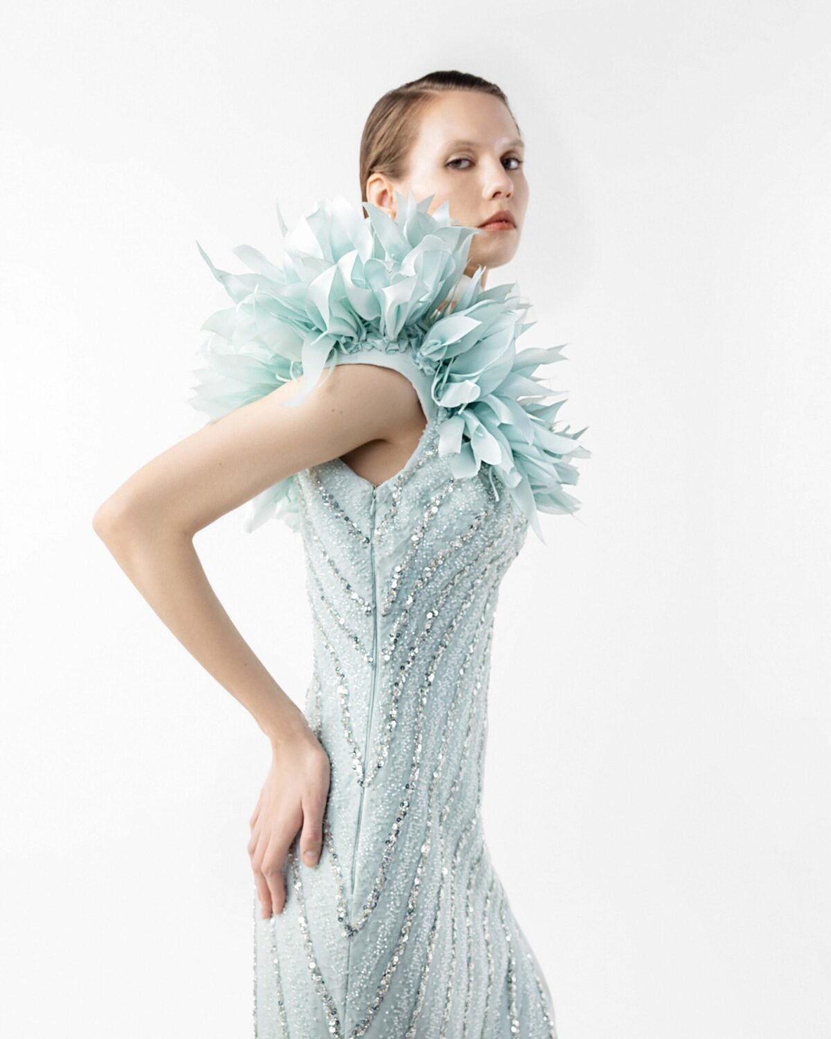 Floating Petal One-Shoulder Laced Mint Gown