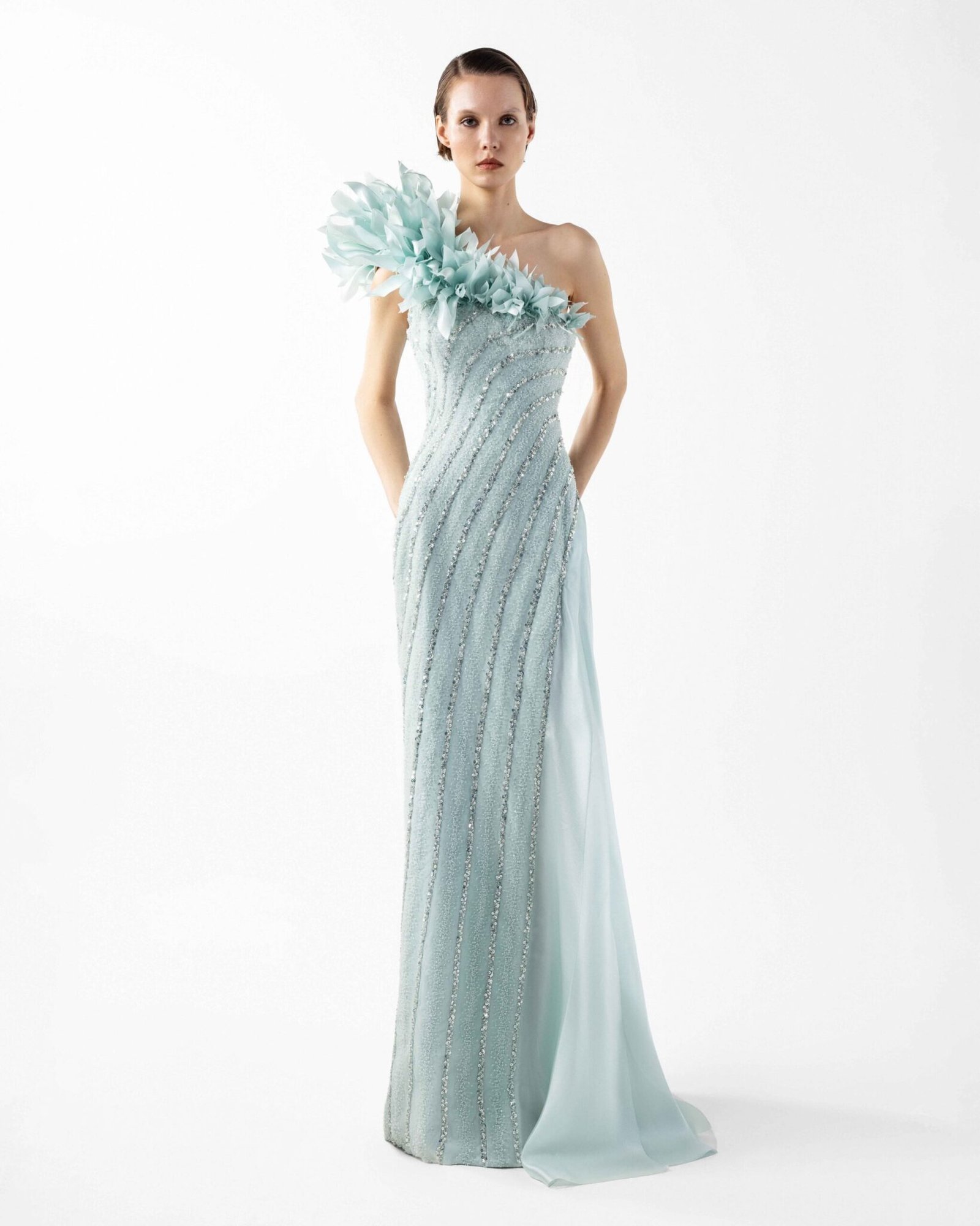 Floating Petal One-Shoulder Laced Mint Gown