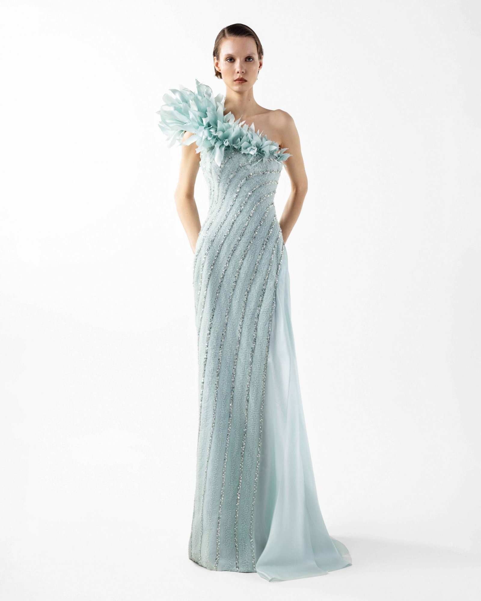 Floating Petal One-Shoulder Laced Mint Gown