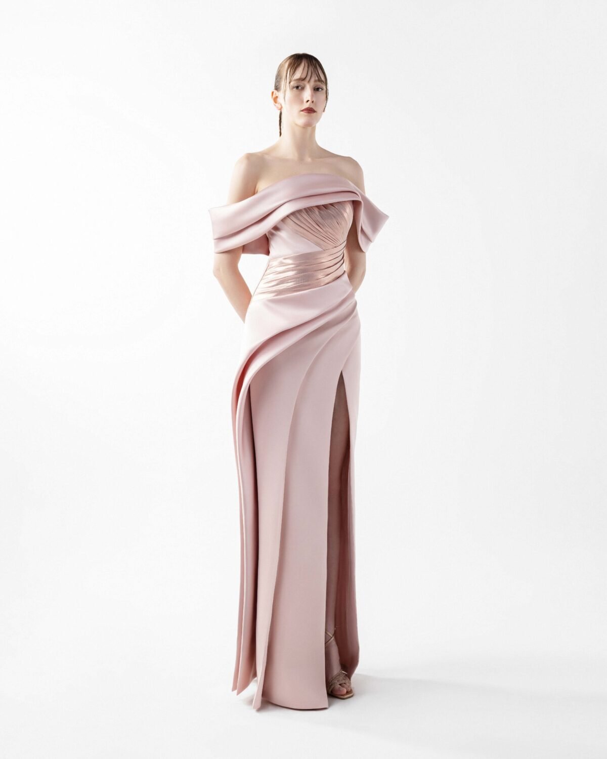 Sophisticated Mixed Media Off Shoulder Pink Dress