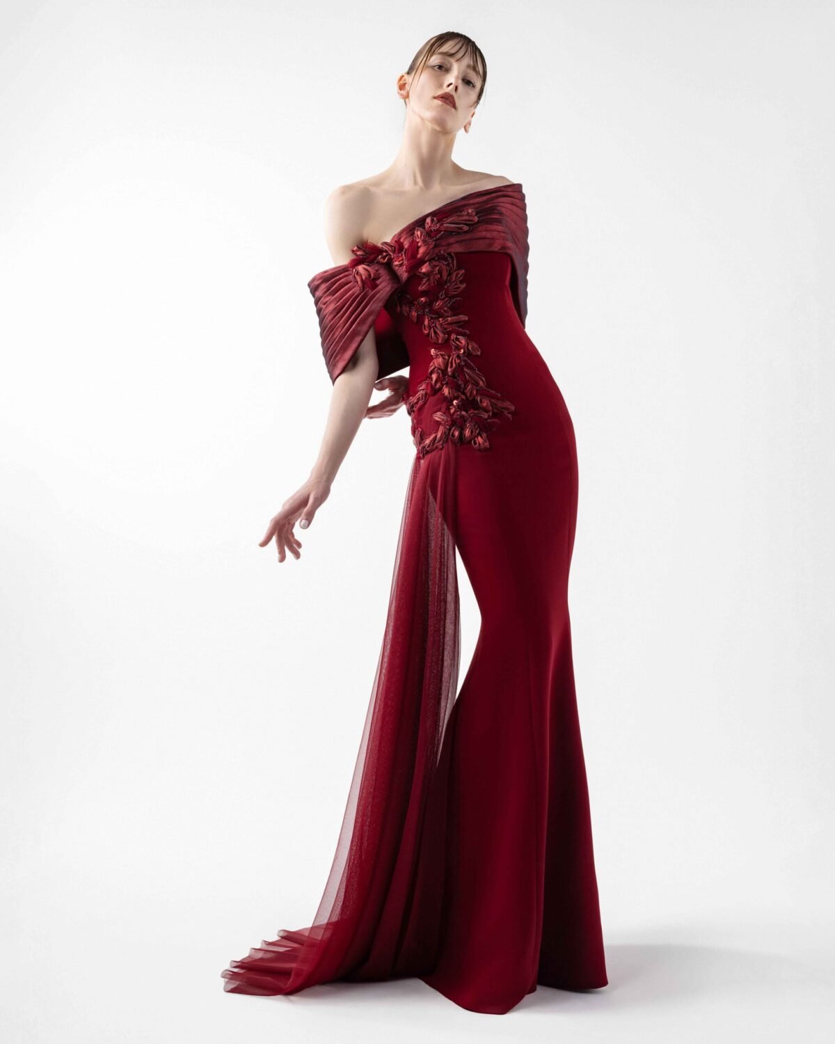 Grand Bordeaux Mermaid Gown with Embroidered Organza