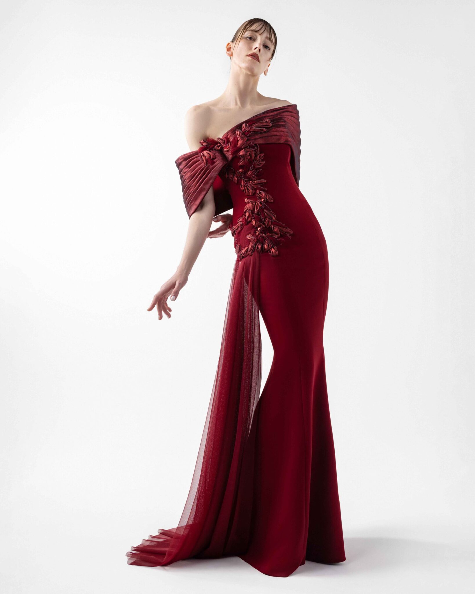 Grand Bordeaux Mermaid Gown with Embroidered Organza
