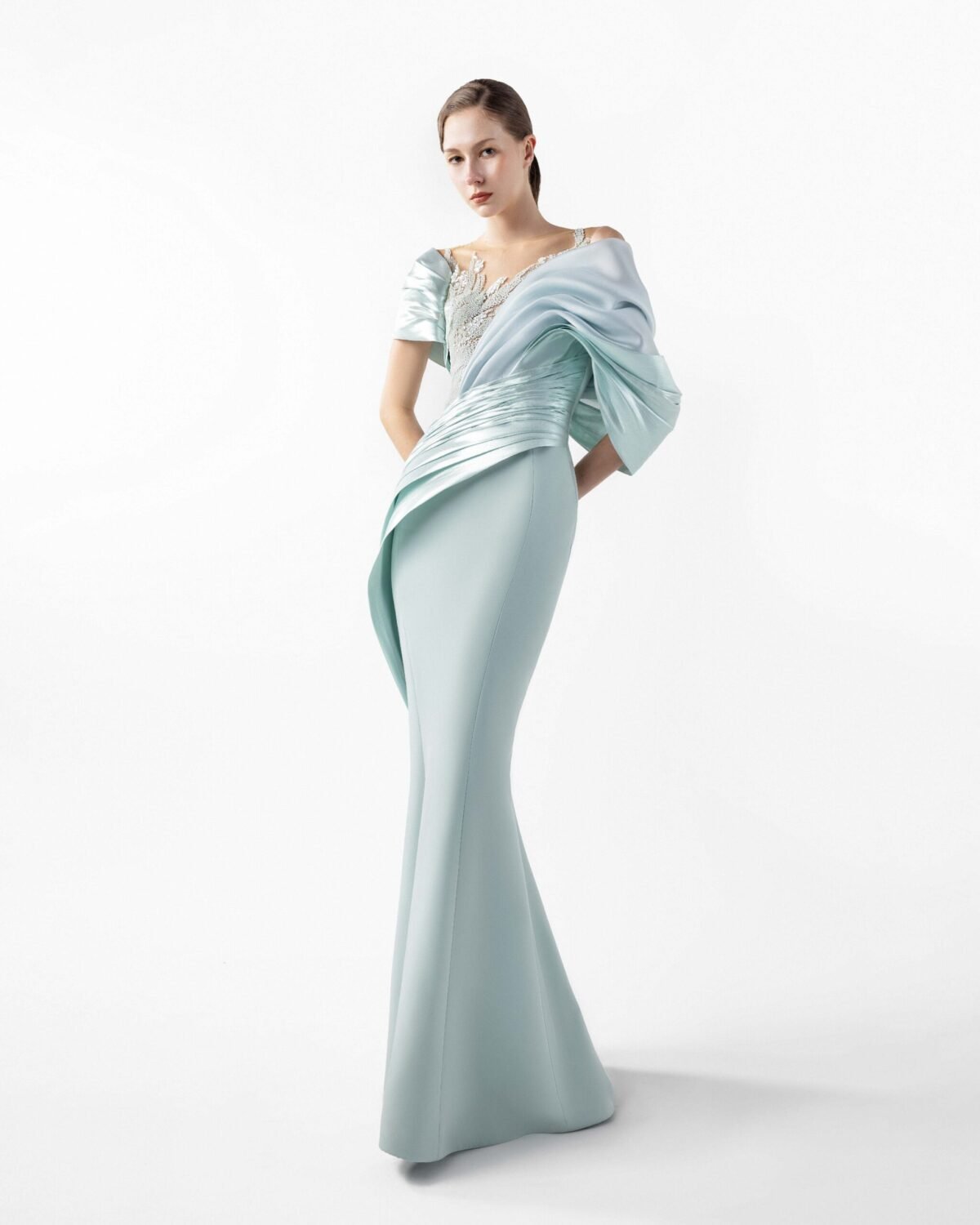 Mint Reverie Mermaid Gown with Off-Shoulder Draping