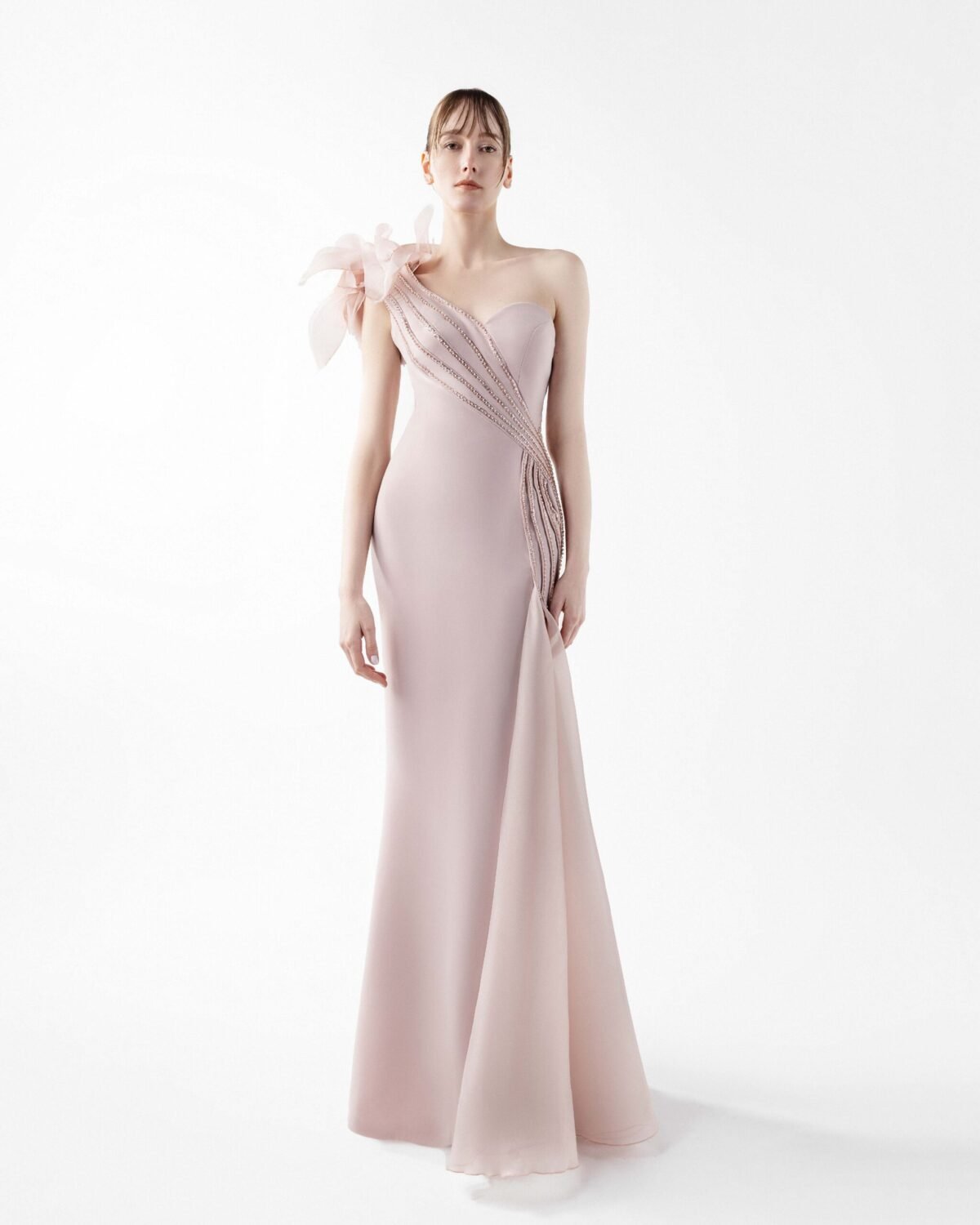 Rosé Petal Cascading Beaded Floral Gown