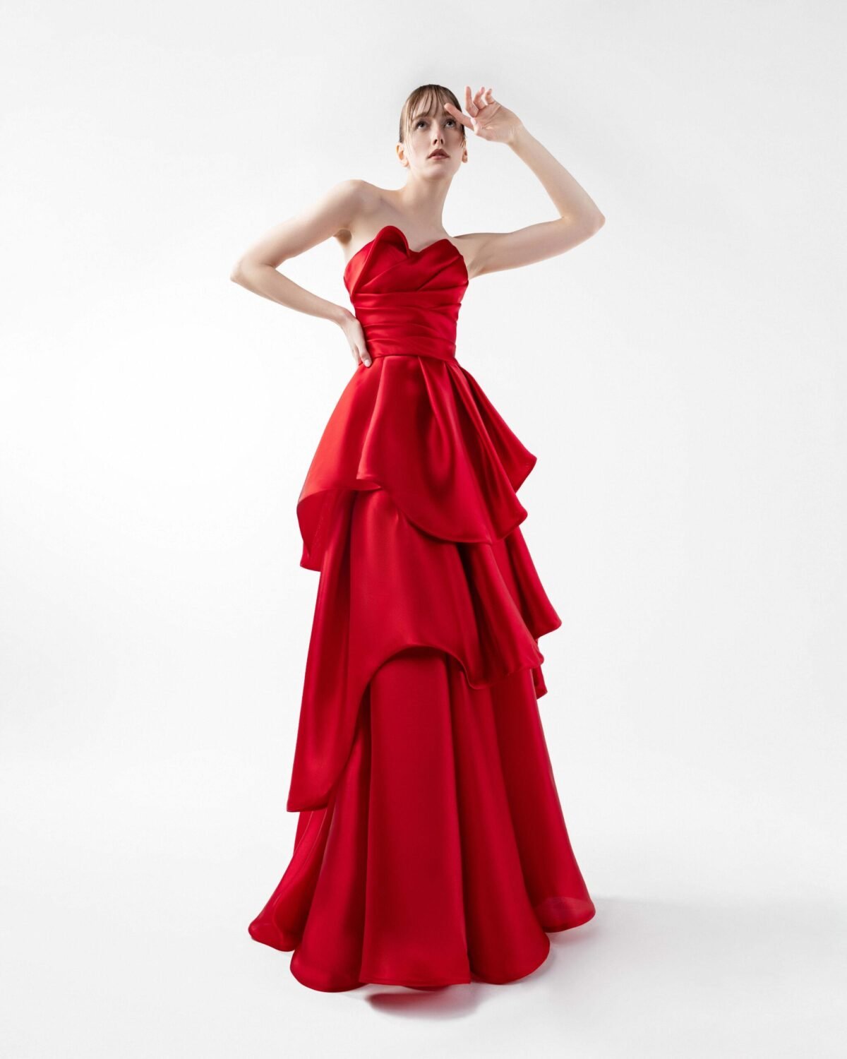 Striking Red Organza Strapless Gown with Cascading Tiered Skirt