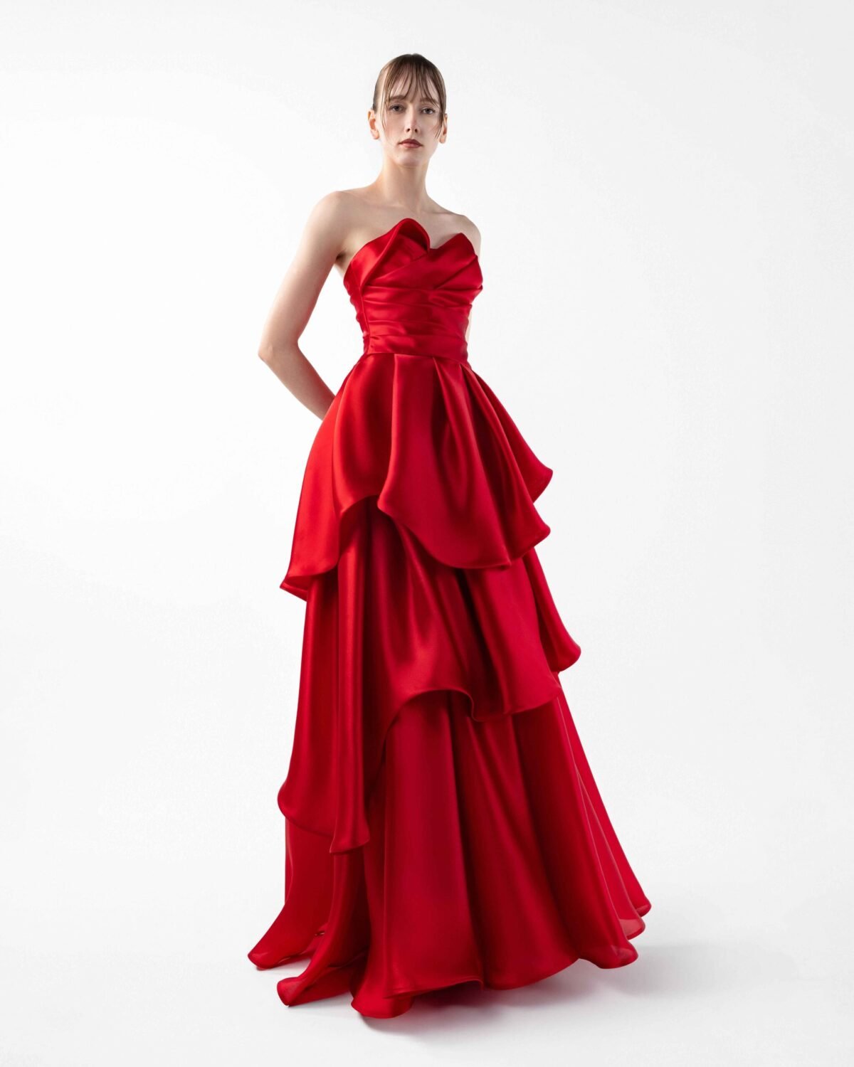 Striking Red Organza Strapless Gown with Cascading Tiered Skirt