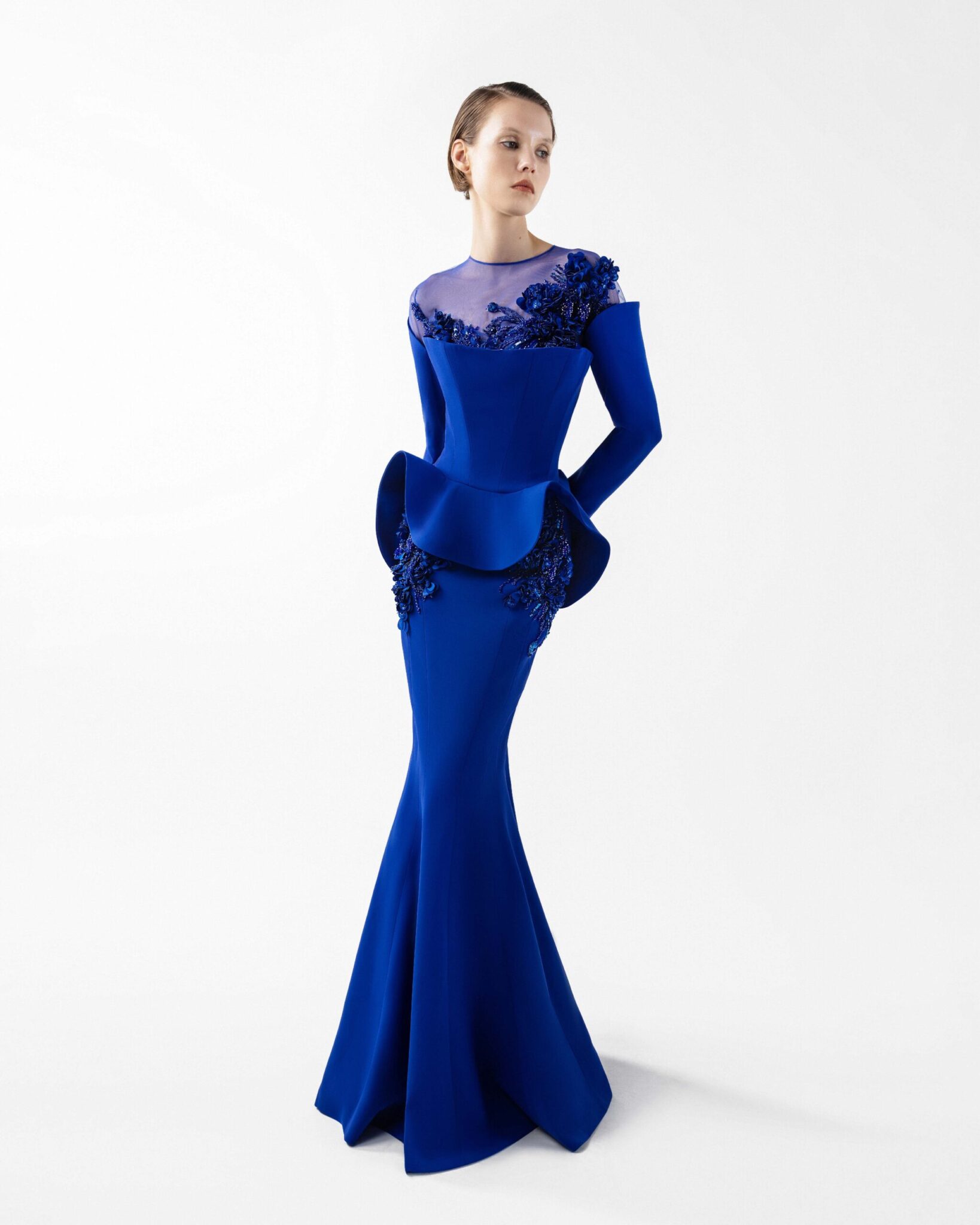 Enchanted Peplum Royal Blue Mermaid Gown with Embroidery