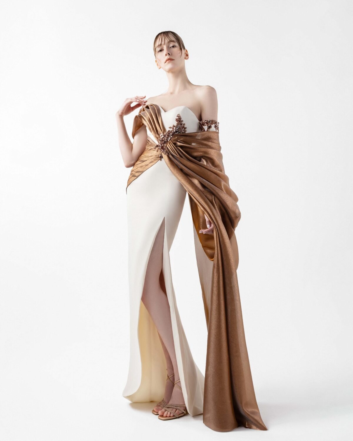 Cream Crepe Gown with Lame Organza Draping & Embroidered Accents