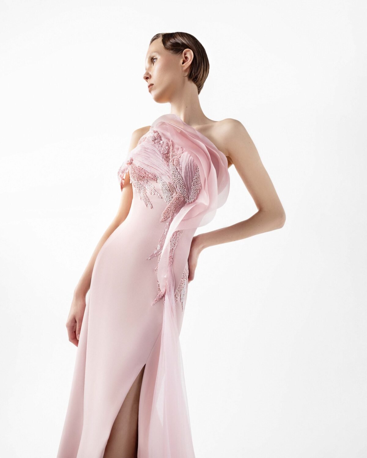 Rosé Sculpted Gown with Cascading Organza and Beaded Bloom