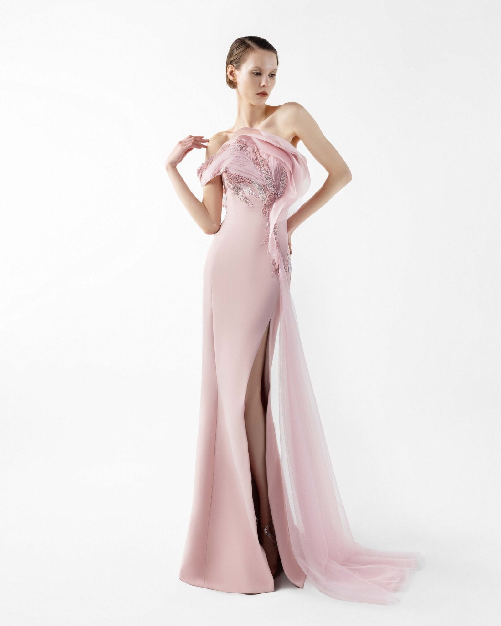 Rosé Sculpted Gown with Cascading Organza and Beaded Bloom