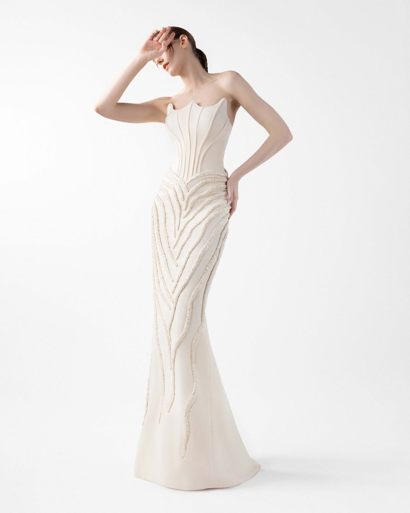 Cream Corset Crepe Gown With Ribbed Vein Beading