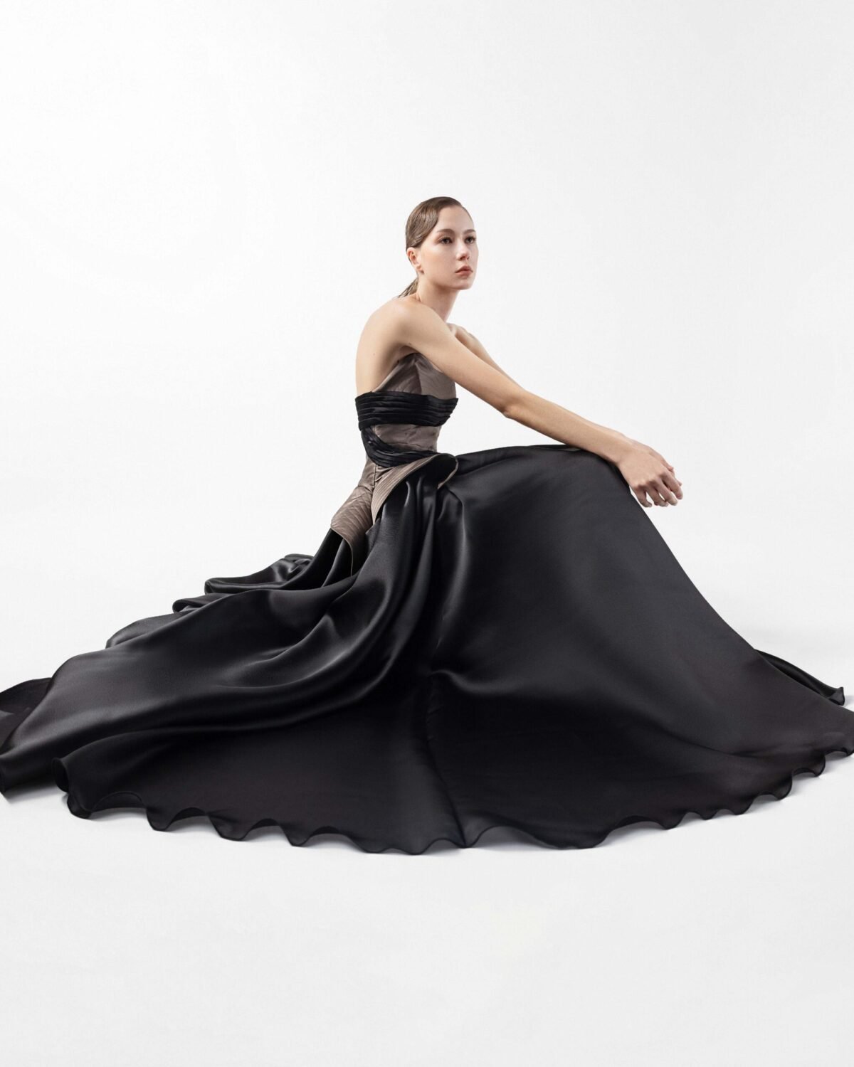 Striking Black Organza Gown with Chocolate Mikado Taffeta Bodice