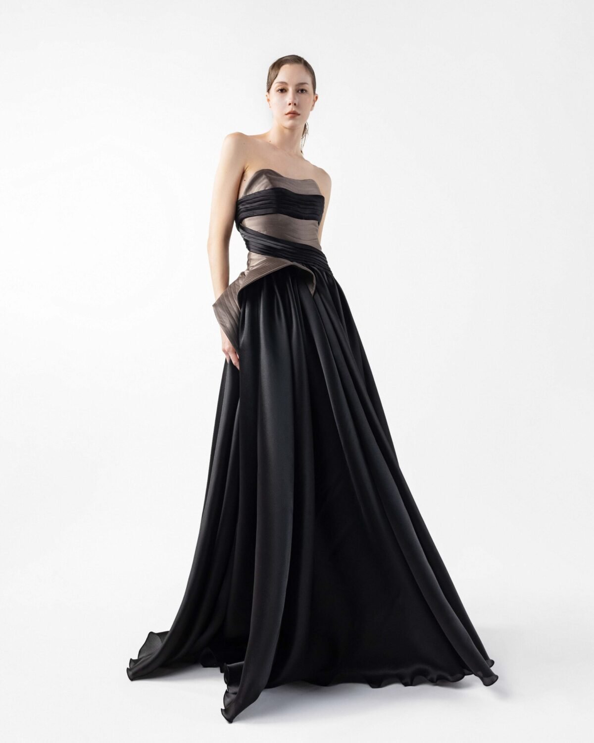 Striking Black Organza Gown with Chocolate Mikado Taffeta Bodice