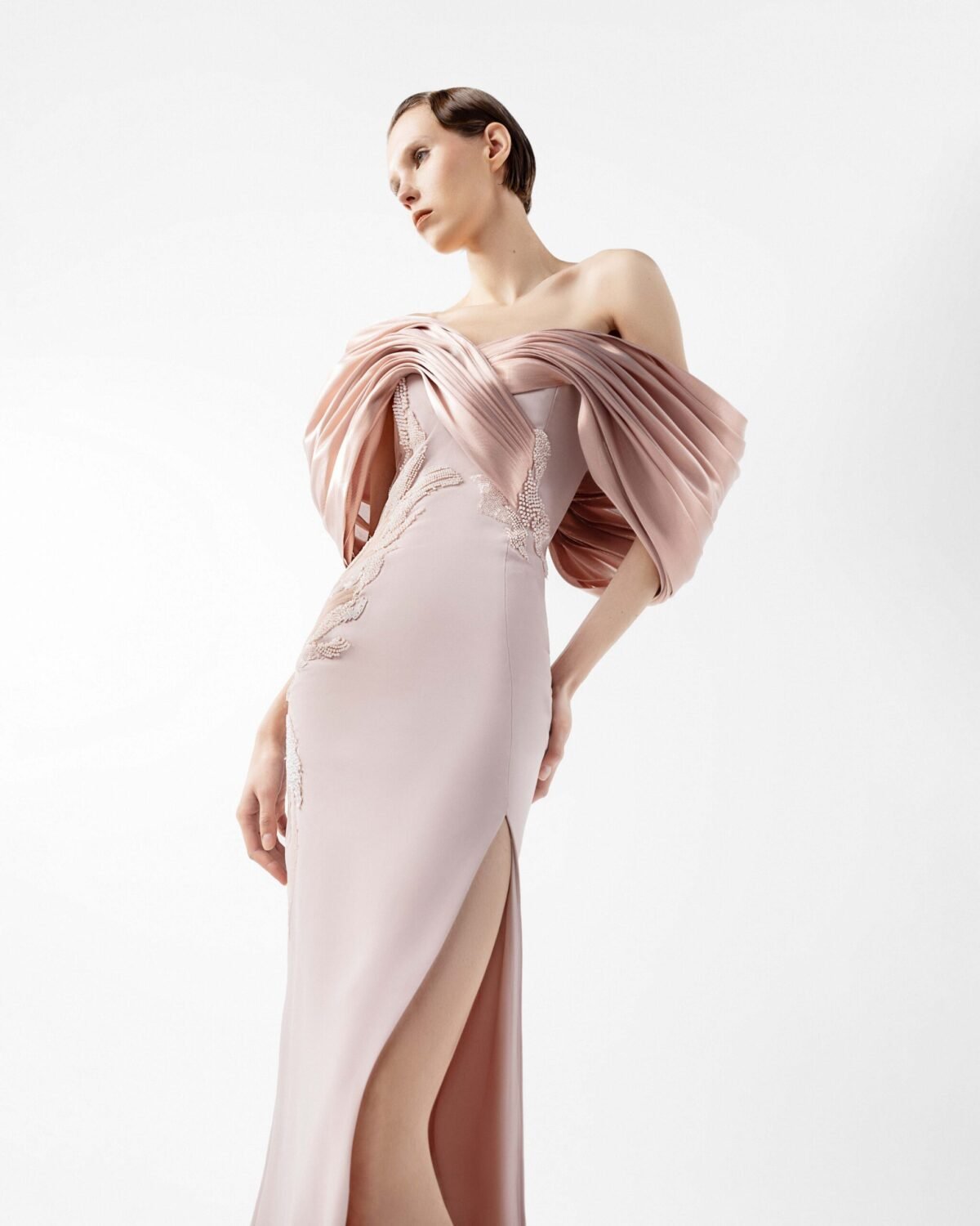 Draped Petal Crepe and Metallic Blush Gown