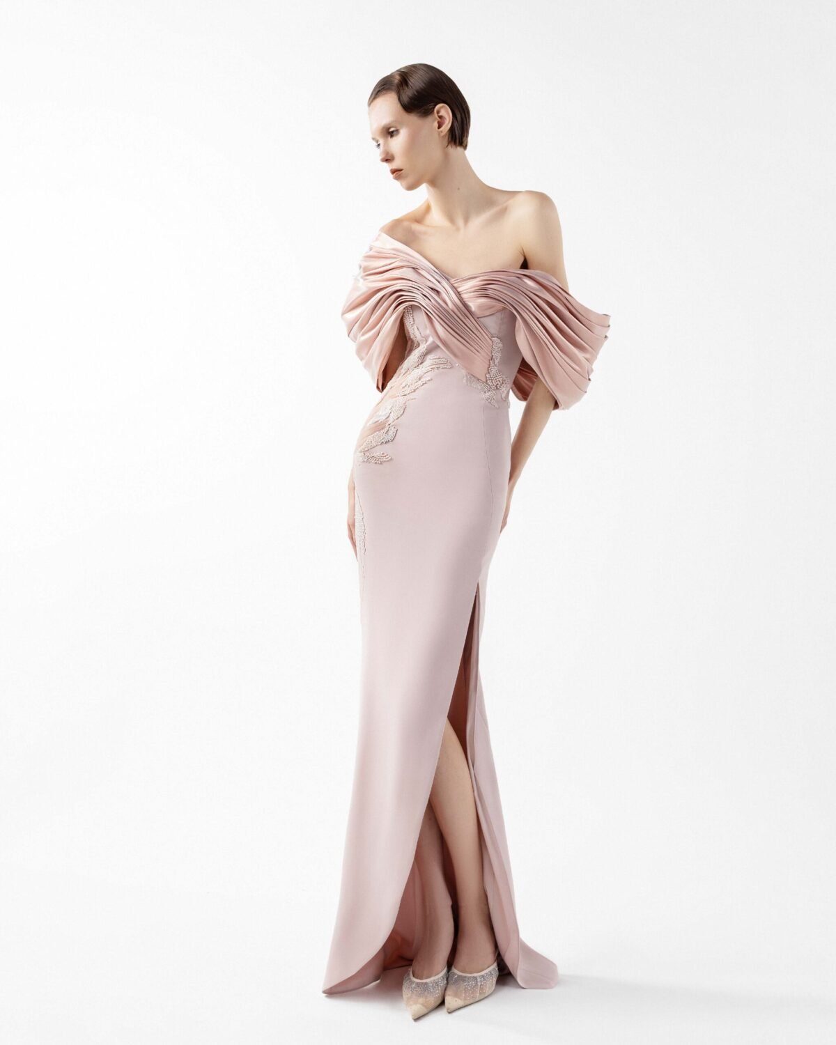 Draped Petal Crepe and Metallic Blush Gown
