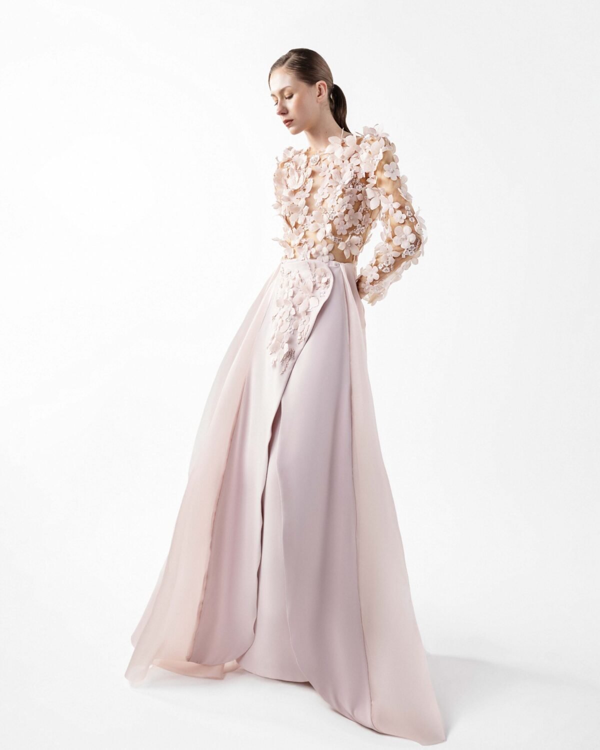 Ethereal Pink Floral Illusion Gown with Fluid Envelope Skirt